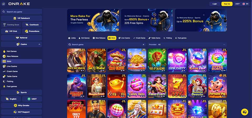 Screenshot of the OnRake casino page