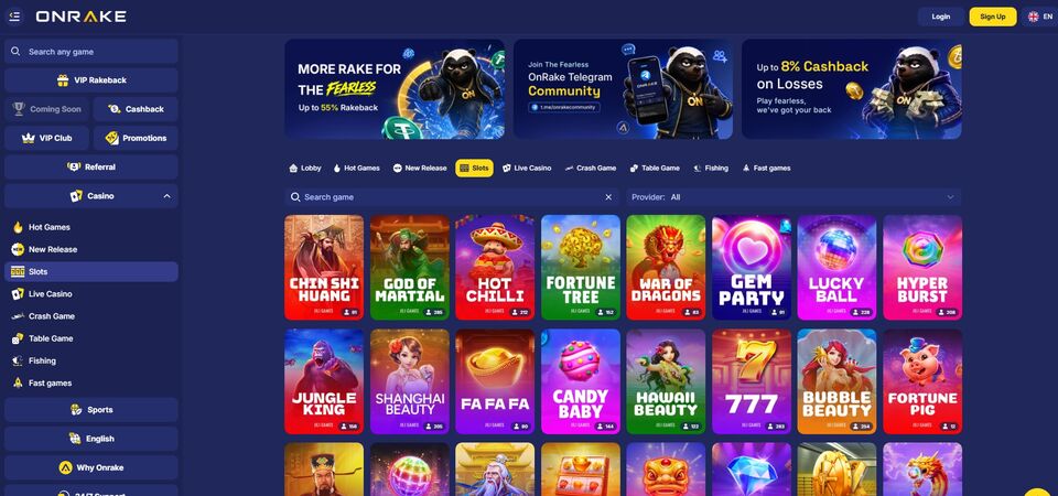 Screenshot of the OnRake casino page