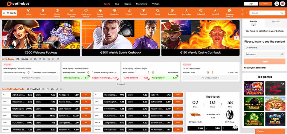 Screenshot of the Optimbet sports page