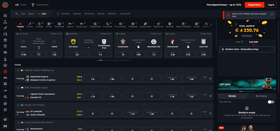Screenshot of the PIN-UP live sport page