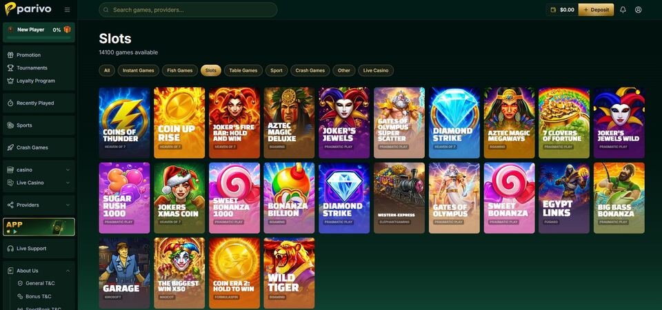 Screenshot of casino page at Parivo