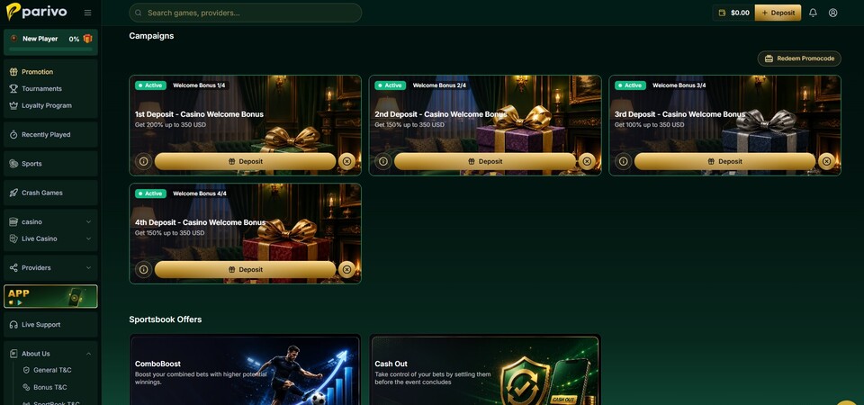 Screenshot of promotions page at Parivo