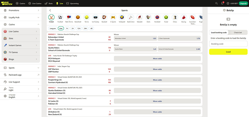 Screenhsot of the Parimatch sport page