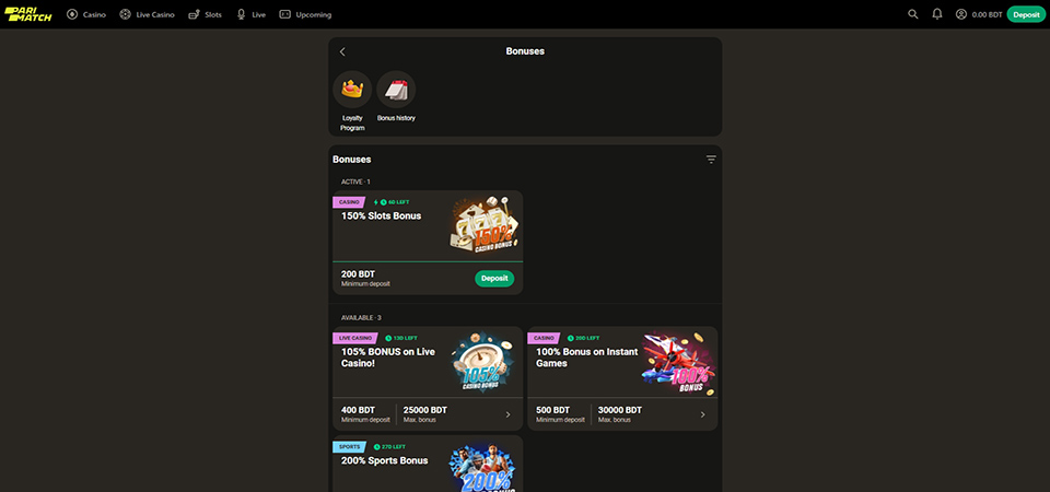Screenshot of the Parimatch bonus page