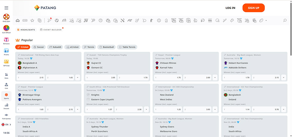 Screenshot of the Patang sport page