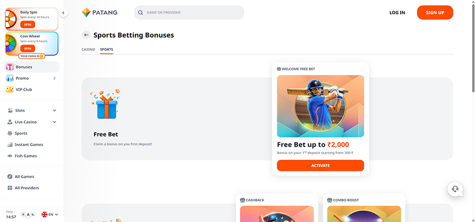 Screenshot of the Patang bonus page