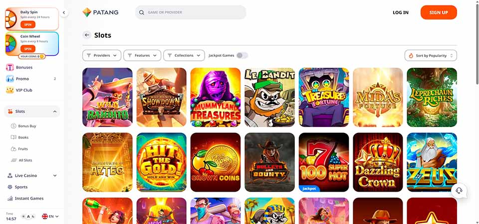 Screenshot of the Patang casino page