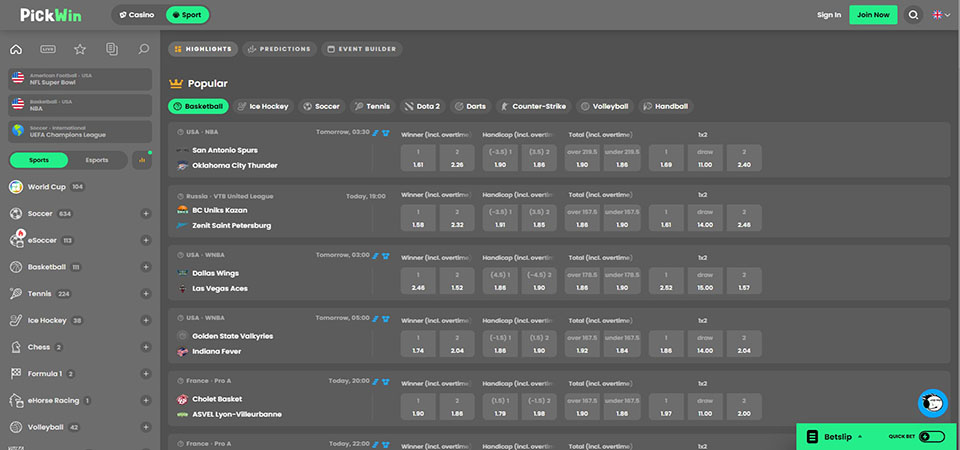 Screenshot of the Pickwin sport page