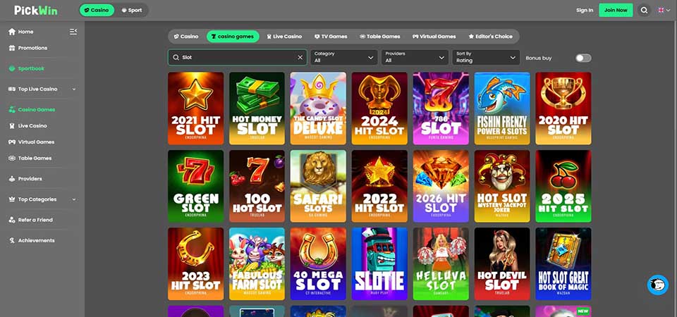 Screenshot of the Pickwin casino page