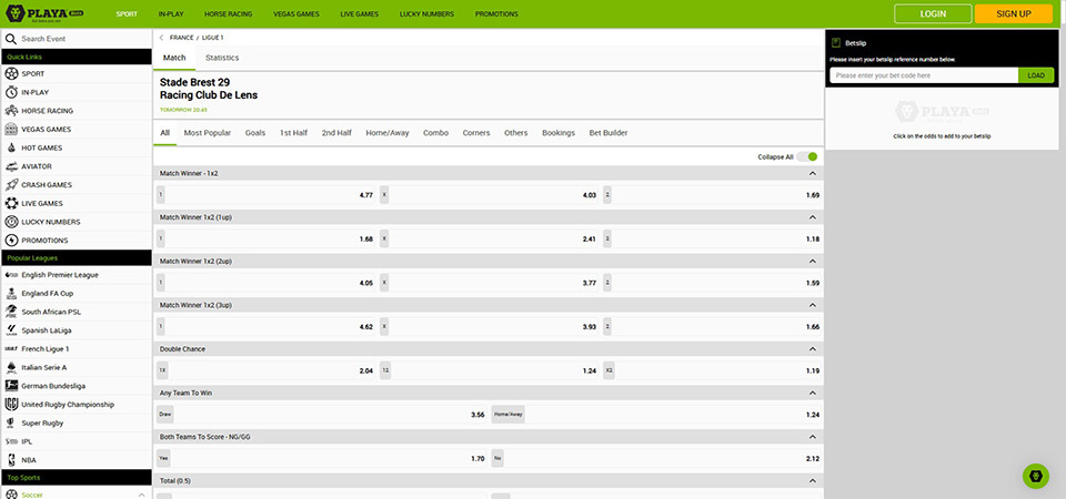 Screenshot of the Playa Bets sport page