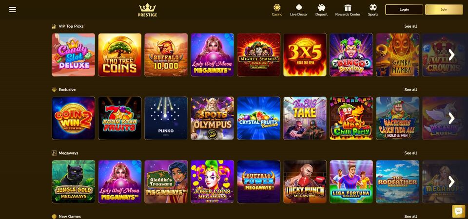 Screenshot of the Prestige casino page