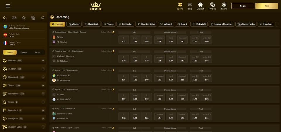 Screenshot of the Prestige sports page