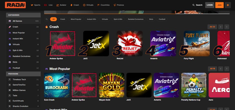 Screenshot of the Radabet Casino page