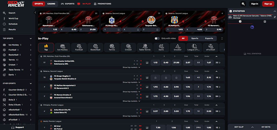 Screenshot of the Redracer sport page