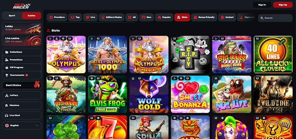 Screenshot of the Redracer casino page