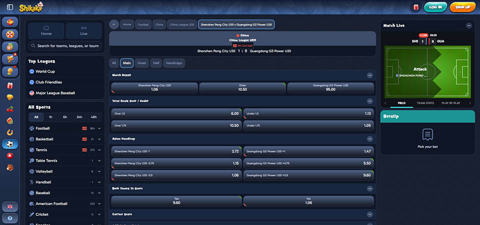 Screenshot of the Shikaka sport page