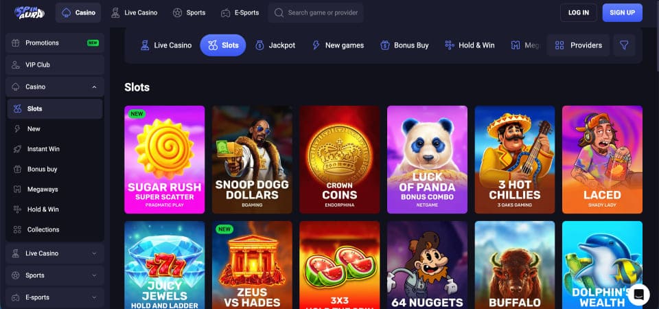 Screenshot of the SpinAura casino page