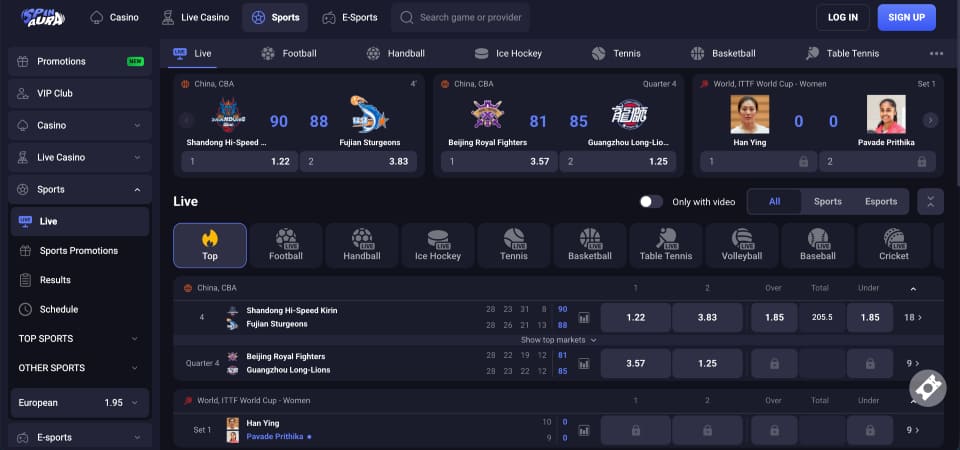 Screenshot of the SpinAura sport page