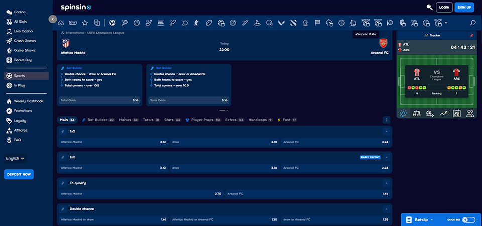 Screenshot of the Spinsino sport page