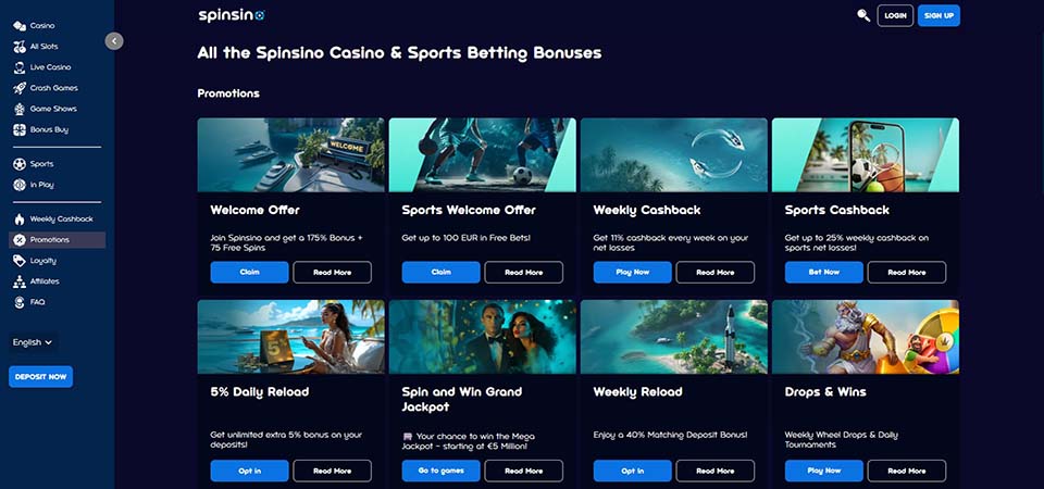 Screenshot of the Spinsino promo page