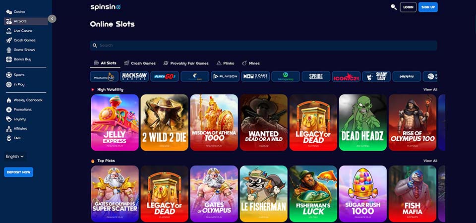 Screenshot of the Spinsino casino page