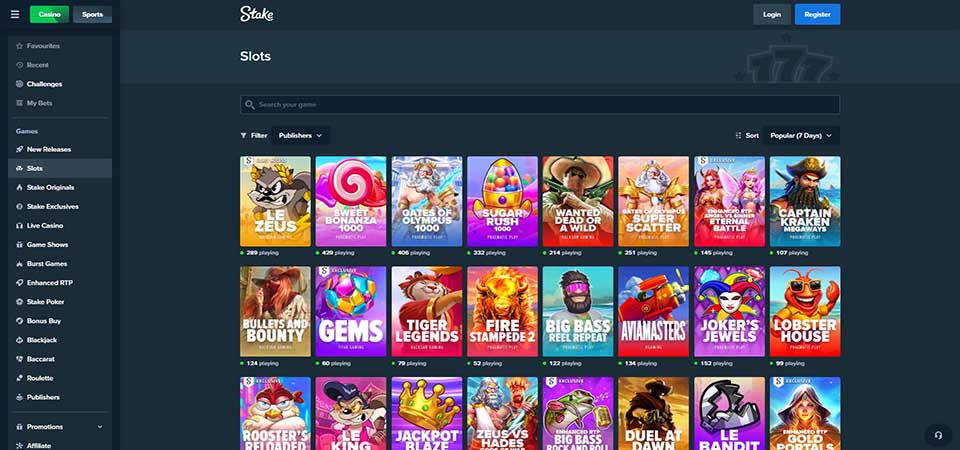 Screenshot of the Stake Canada casino page