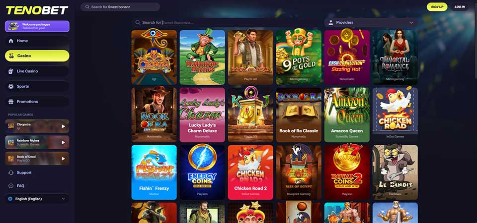Screenshot of the Tenobet casino page