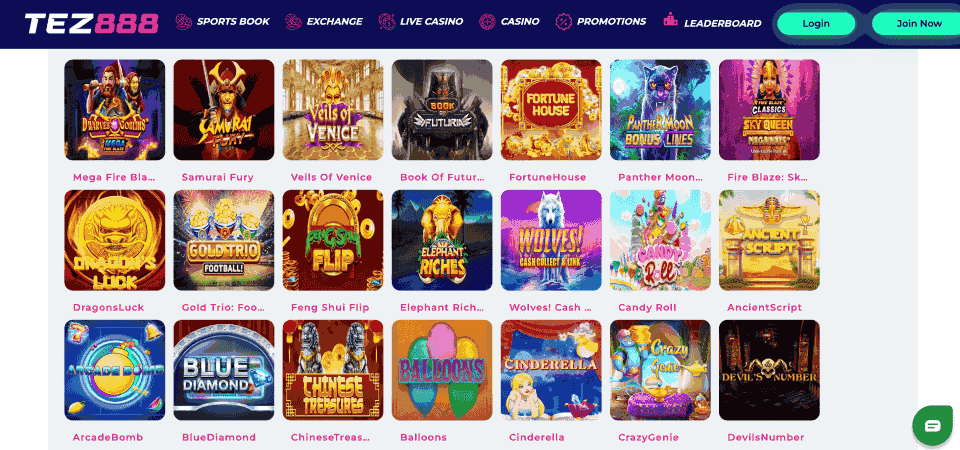 Screenshot of the Tez888 casino page