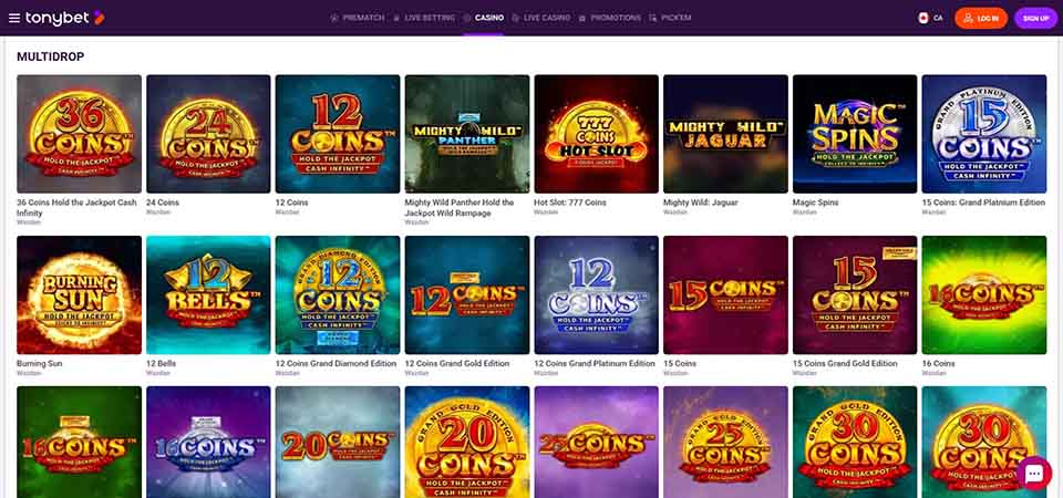 Screenshot of the TonyBet casino page