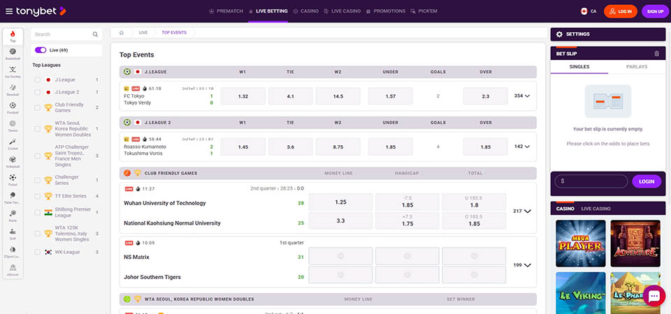 Screenshot of the TonyBet live betting page