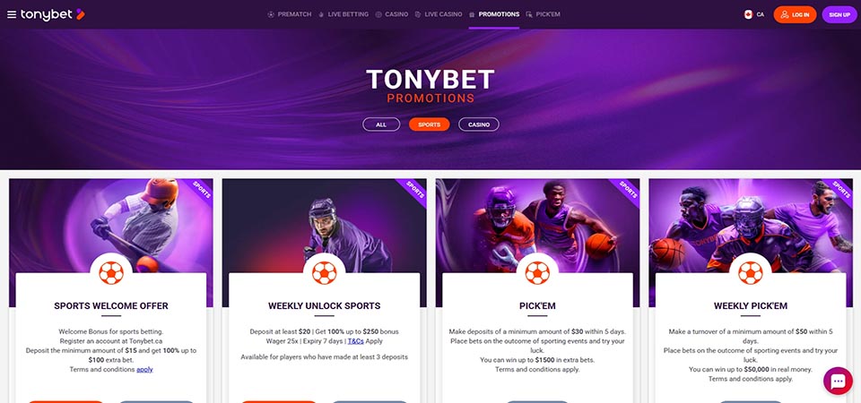 Screenshot of the TonyBet promo page