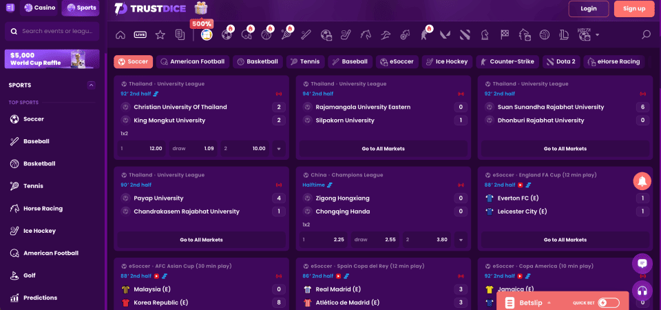 Screenshot of the TrustDice sport page