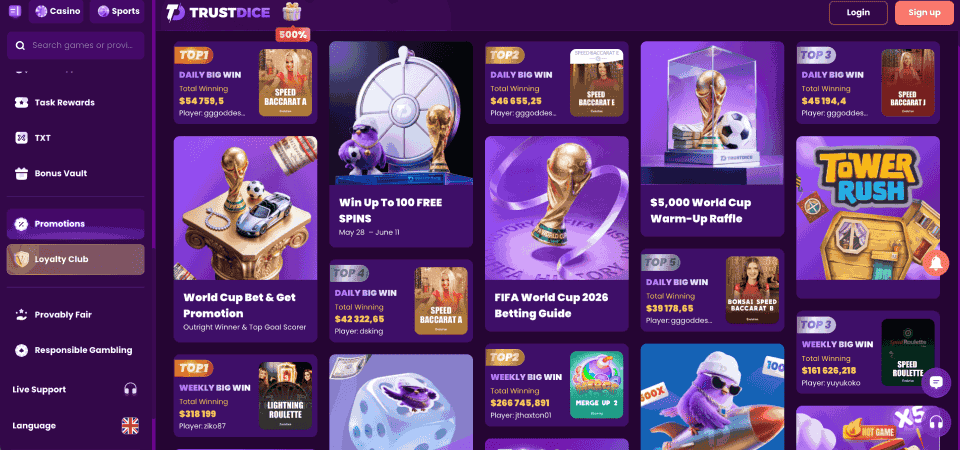 Screenshot of the TrustDice promo page