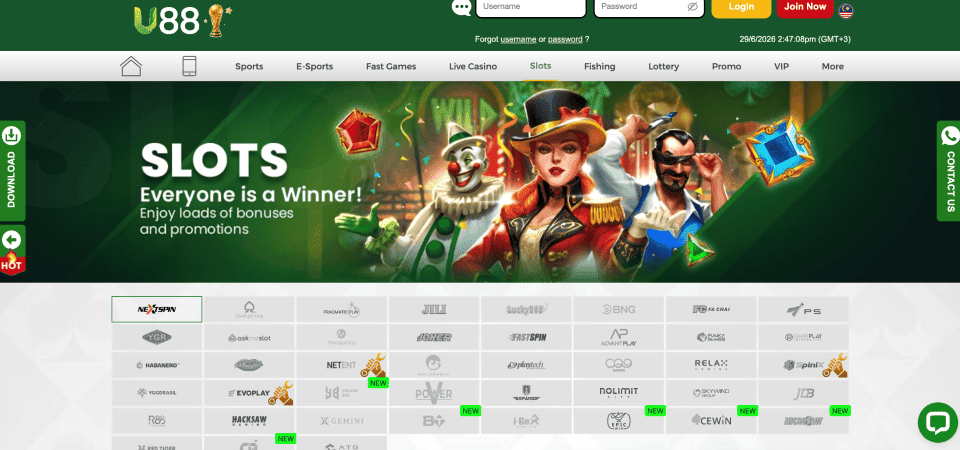 Screenshot of the U88 casino page