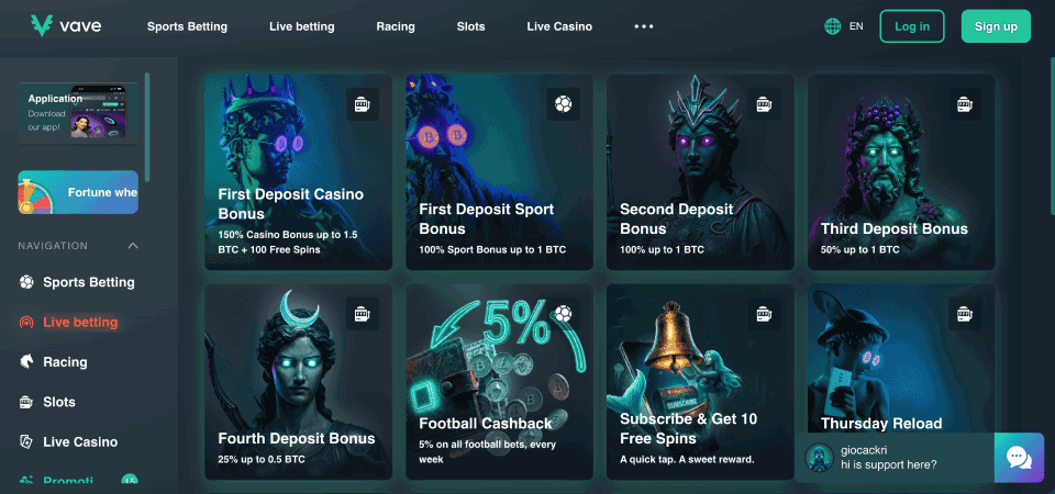 Screenshot of the Vave promotions page