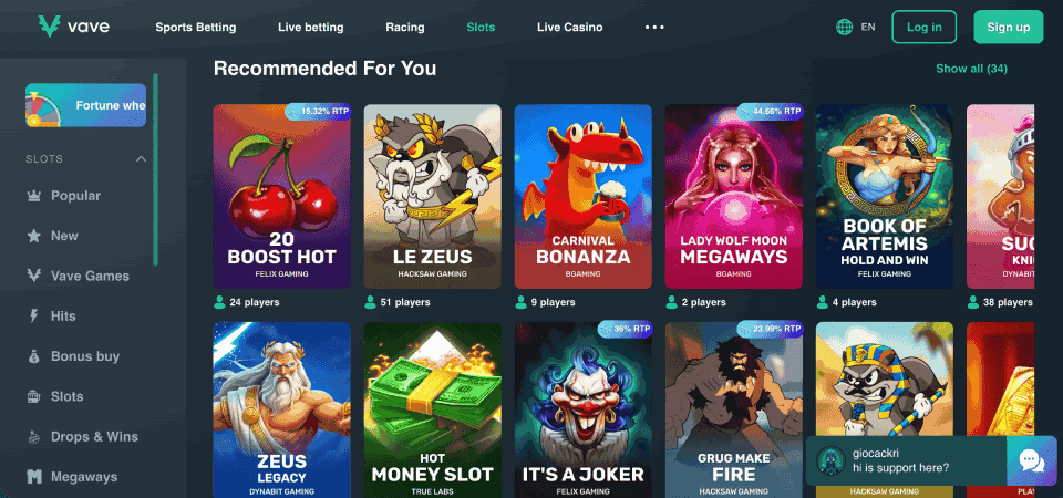 Screenshot of the Vave casino slots page