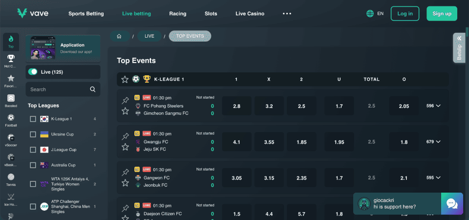 Screenshot of the Vave sport page