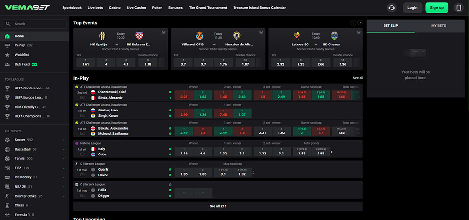 Screenshot of the Vemabet sport page