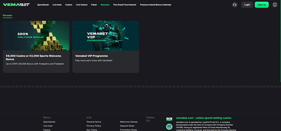 Screenshot of the Vemabet bonus page