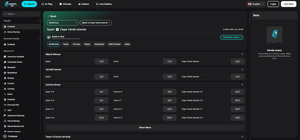 Screenshot of the WarriorBet sport page