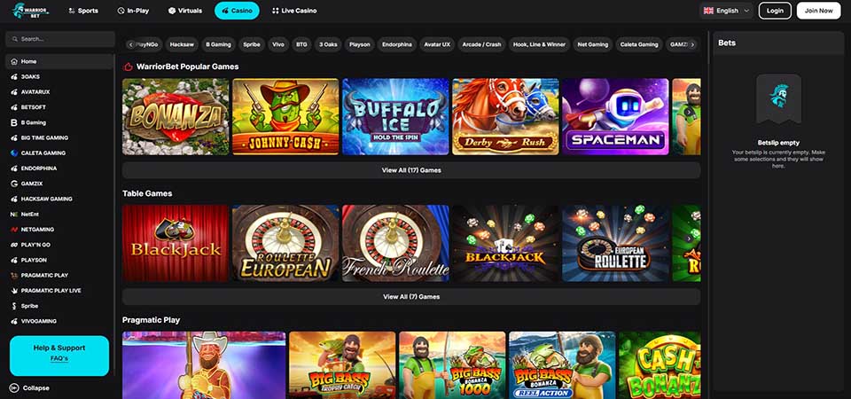 Screenshot of the WarriorBet casino page