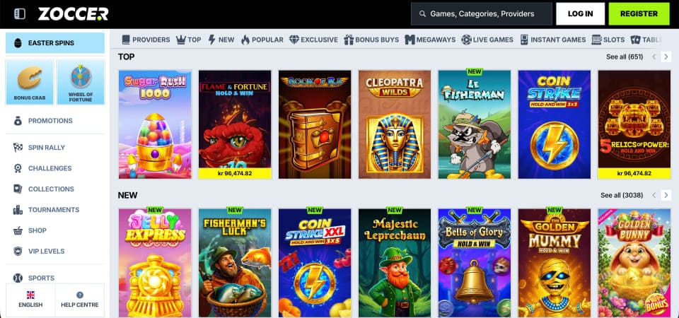 Screenshot of the Zoccer casino page