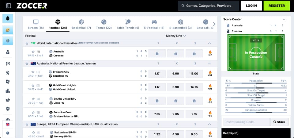 Screenshot of the Zoccer sport page