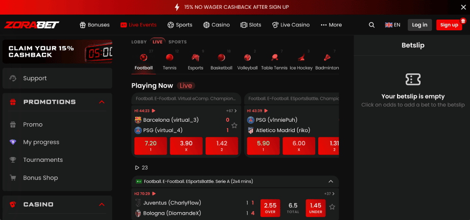 Screenshot of the Zorabet sport page