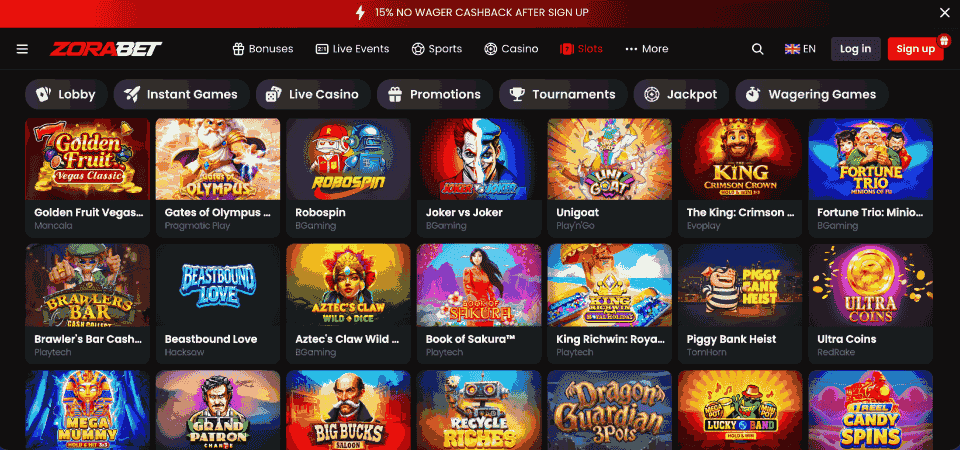 Screenshot of the Zorabet casino page