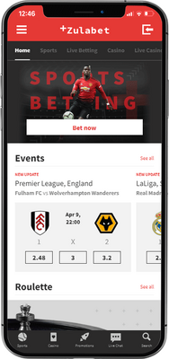 Zulabet mobile homepage