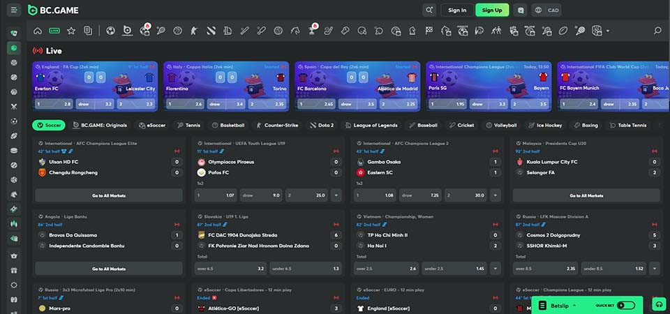 Screenshot of the BC.GAME live betting page
