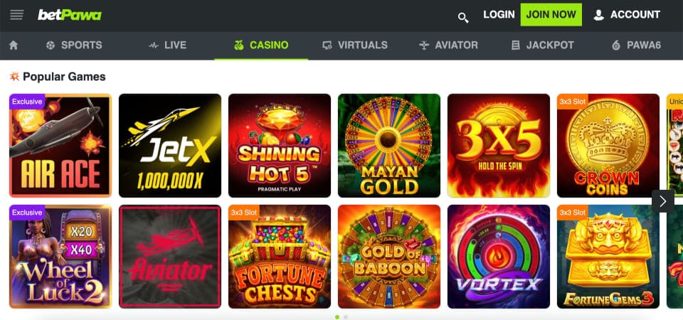 Screenshot of the betPawa casino page