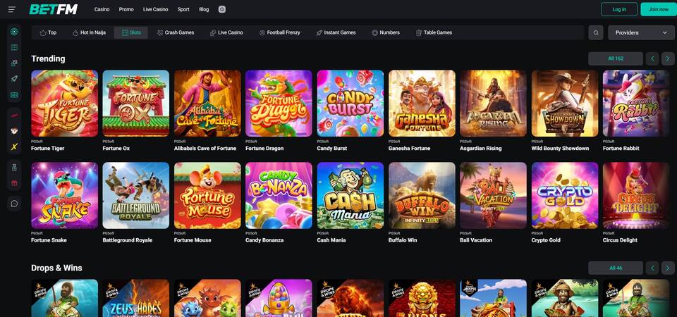 Screenshot of casino page at BetFM