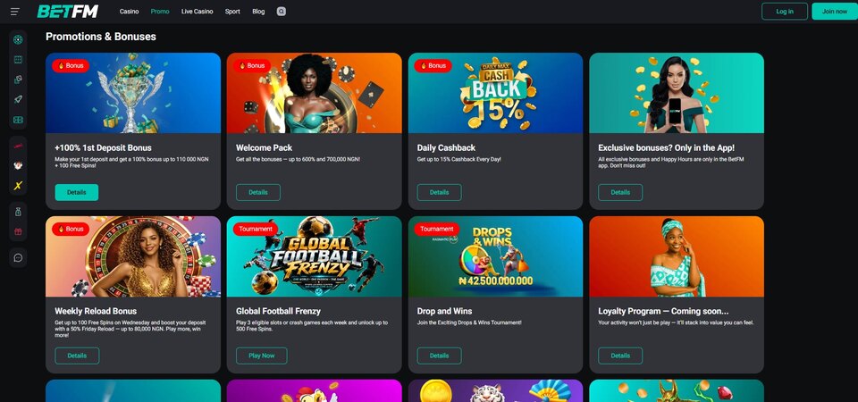 Screenshot of promotions page at BetFM